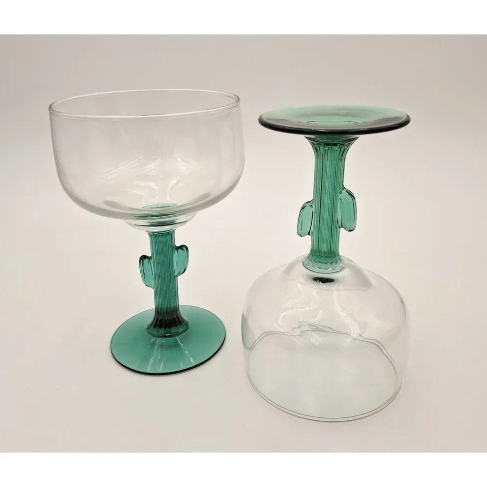 Libbey Margarita Cactus Stem Glasses, Green, Southwestern Fiesta Mixed Set of 2